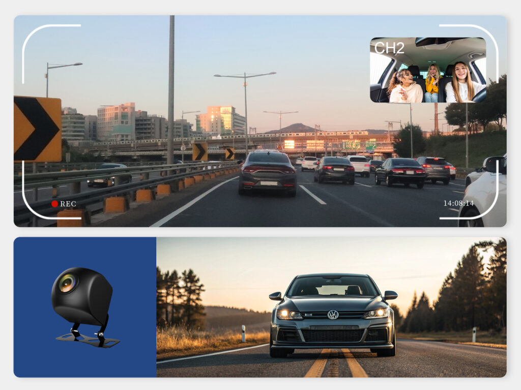 A graphic illustrating Great Will's 3-channel surveillance system, showing a simultaneous forward-facing road view, an in-cabin view, and an external rear-view camera.