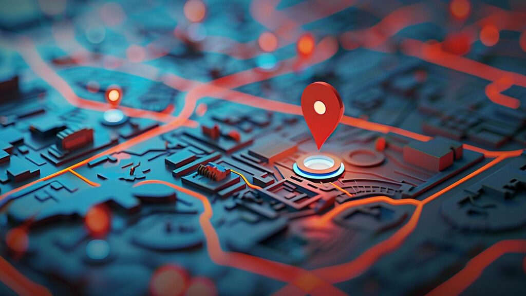 A red location pin on a futuristic 3D digital map with glowing orange data routes, representing GPS tracking and navigation.