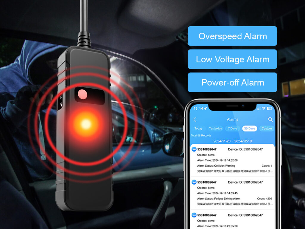 A GPS tracker with an anti-theft alarm sending notifications for overspeed, low voltage, and power-off to a smartphone app.