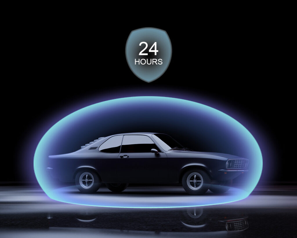 A classic car is enclosed within a glowing blue protective shield, with a "24 Hours" security icon floating above, illustrating the constant, 24/7 intelligent asset protection provided by Great Will devices.