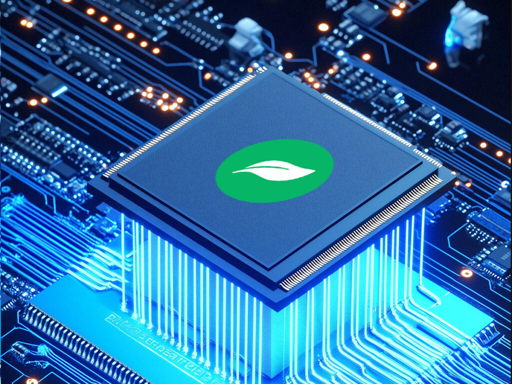 A powerful processor with a leaf icon, symbolizing the advanced hardware and firmware that power the Great Will GAT27's smart alerts, audio recording, and data buffering features.