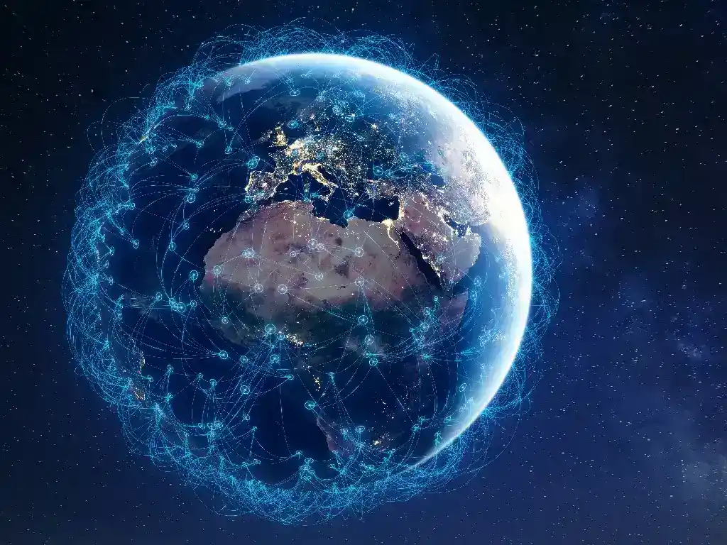 The Earth surrounded by a digital network, symbolizing the GAT27 tracker's global 4G network compatibility.