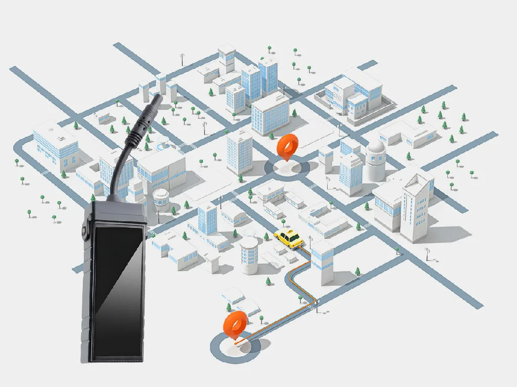 The GT25 GPS tracker overlaid on a city map, illustrating its ability to record precise, building-level travel routes.
