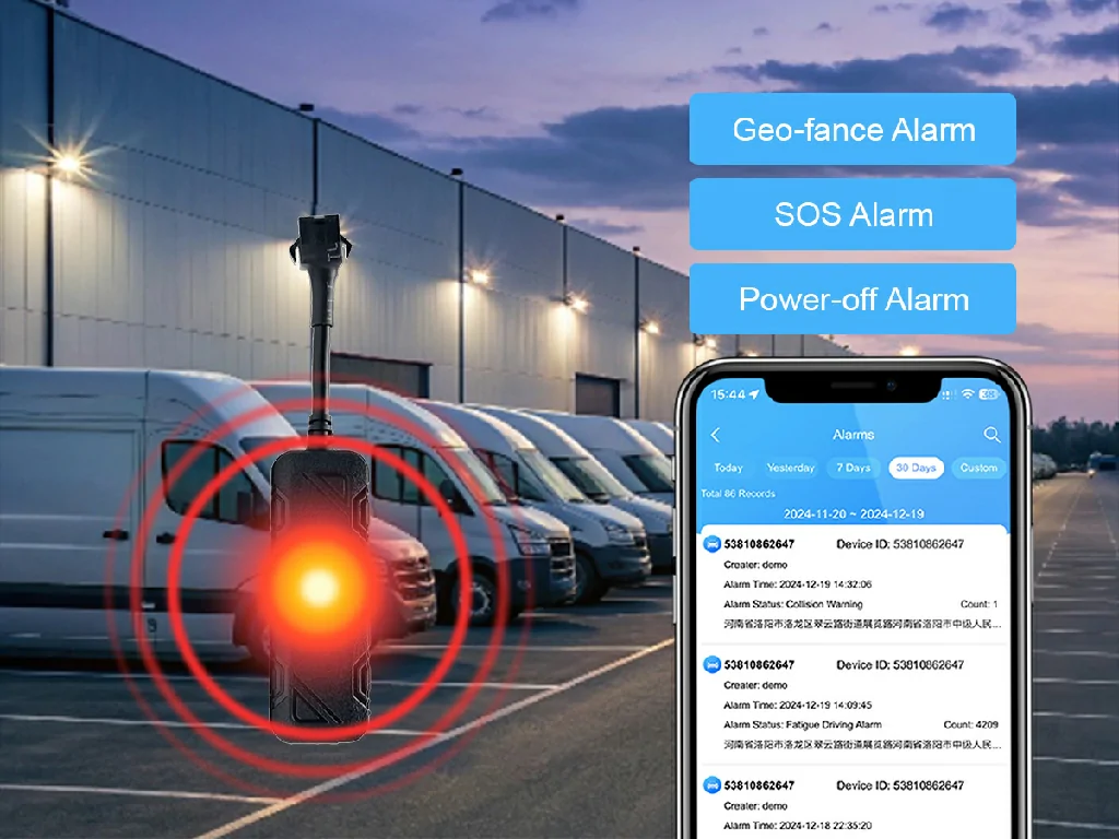 A smartphone displaying a list of critical event alerts from the Galagps platform, with a Great Will GPS tracker and a fleet of vans in the background to illustrate real-time fleet monitoring.