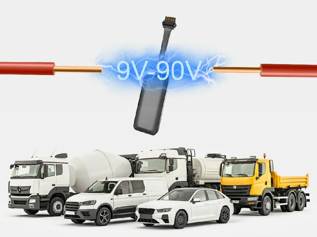 The GT21N tracker showcasing its 9-90V wide voltage compatibility for various vehicles, including cars, vans, and trucks.