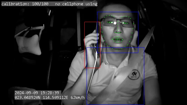 The GD06's DMS interior camera using AI to detect a driver using a cellphone and providing a real-time alert.