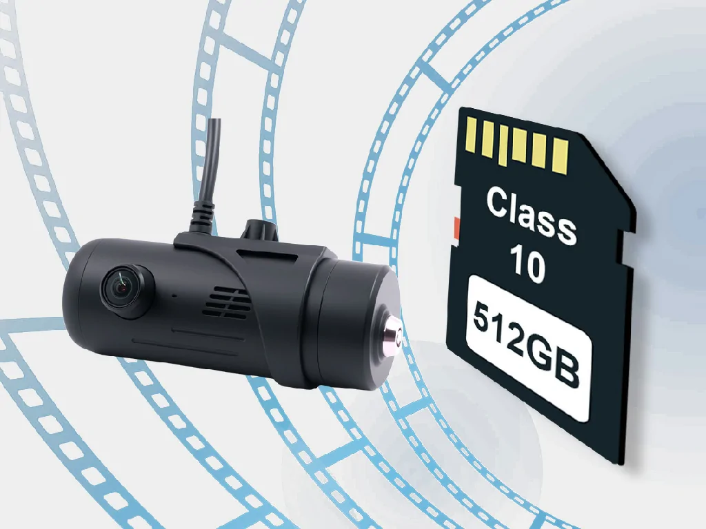The GD11 dashcam with a large capacity Class 10 SD card, illustrating its advanced video compression technology.