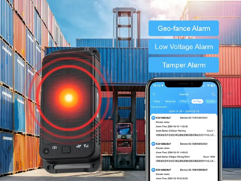 The GAT30 Solar tracker in a container yard sending geo-fence, low voltage, and tamper alarms to the Galagps app.