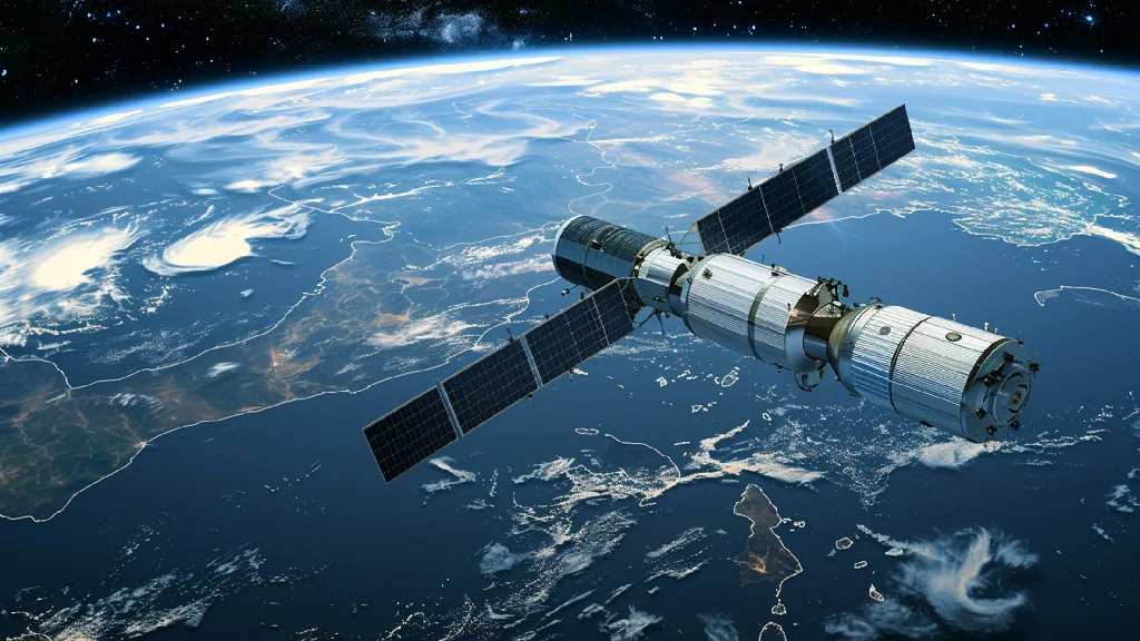 A satellite with extended solar panels orbiting high above planet Earth, with space and stars in the background.