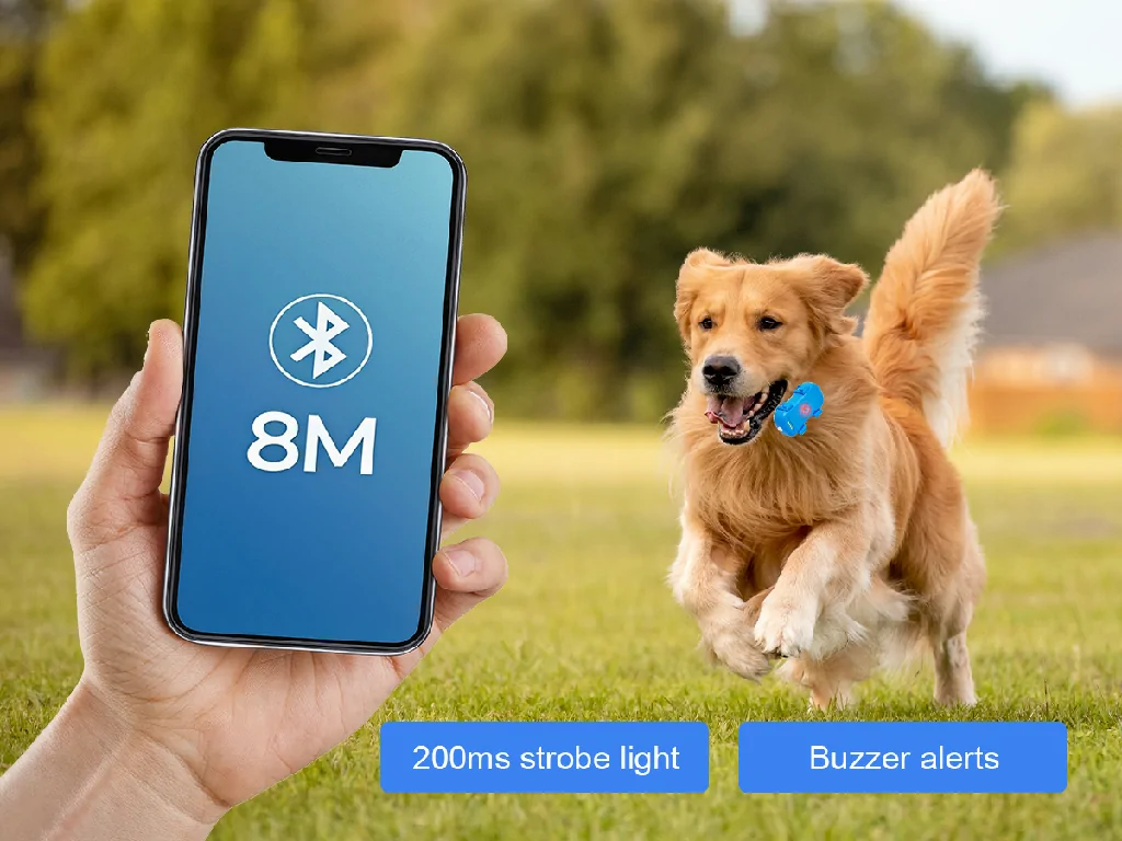 A person using the Galagps app to find their dog with the GTP10 tracker's Bluetooth, strobe light, and buzzer features.
