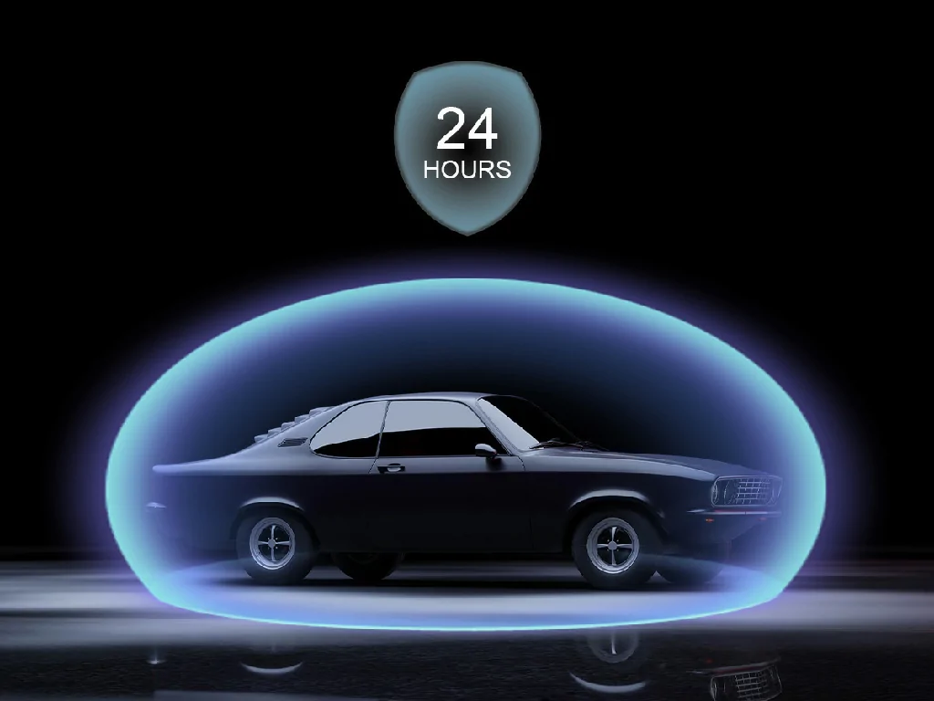 A car protected by a 24-hour digital shield, representing the GT21N's smart automatic arming security feature.