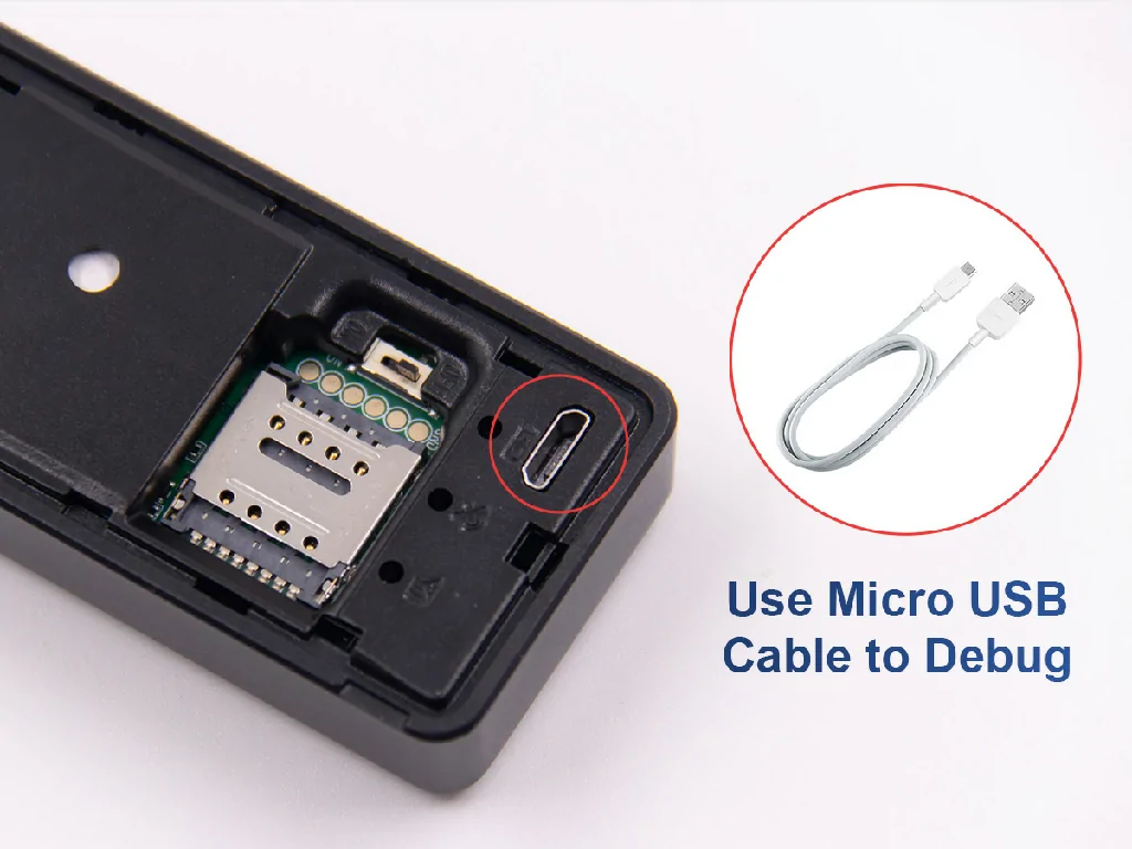 A close-up of the GT903K tracker's interior, highlighting the Micro USB port used for configuration and debugging.