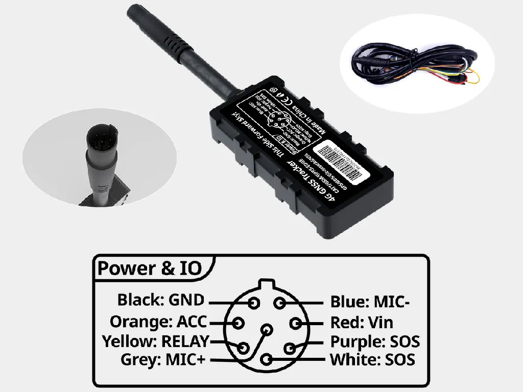 The GT851 8-wire GPS tracker with its microphone, power harness, and a detailed Power & I/O pinout diagram.