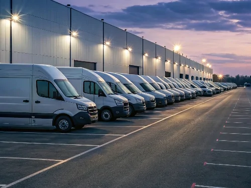 A large fleet of commercial vans parked in a lot, representing a key application for the GAT25S fleet management tracker.