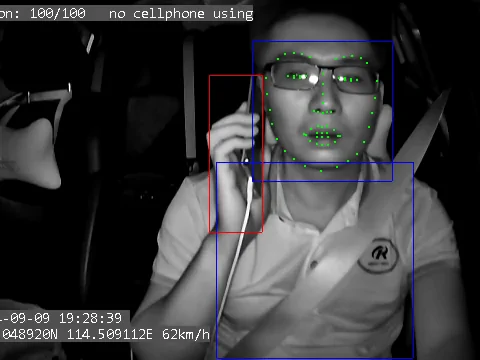 The GDW3's DMS camera using AI facial analysis to detect a driver using a cellphone and provide a real-time alert.