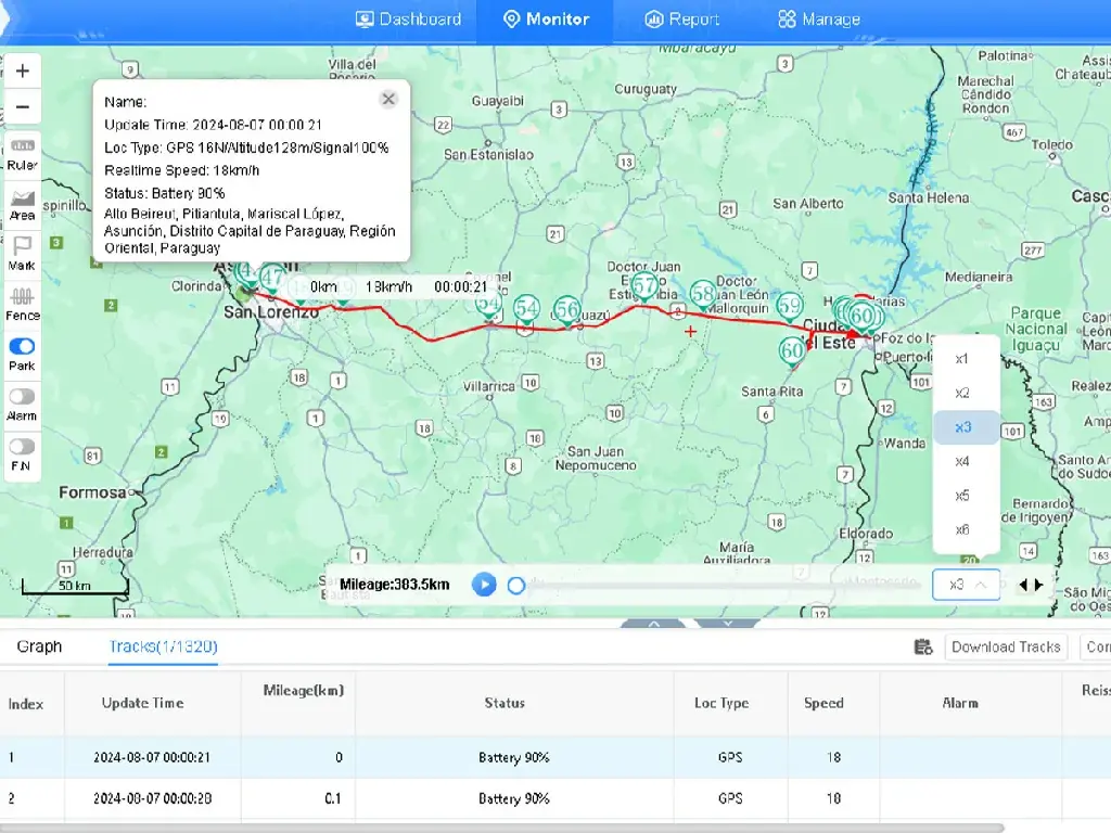 The Galagps platform interface showing a vehicle's precise route, tracked using the GT20's Beidou + GPS dual-mode positioning.