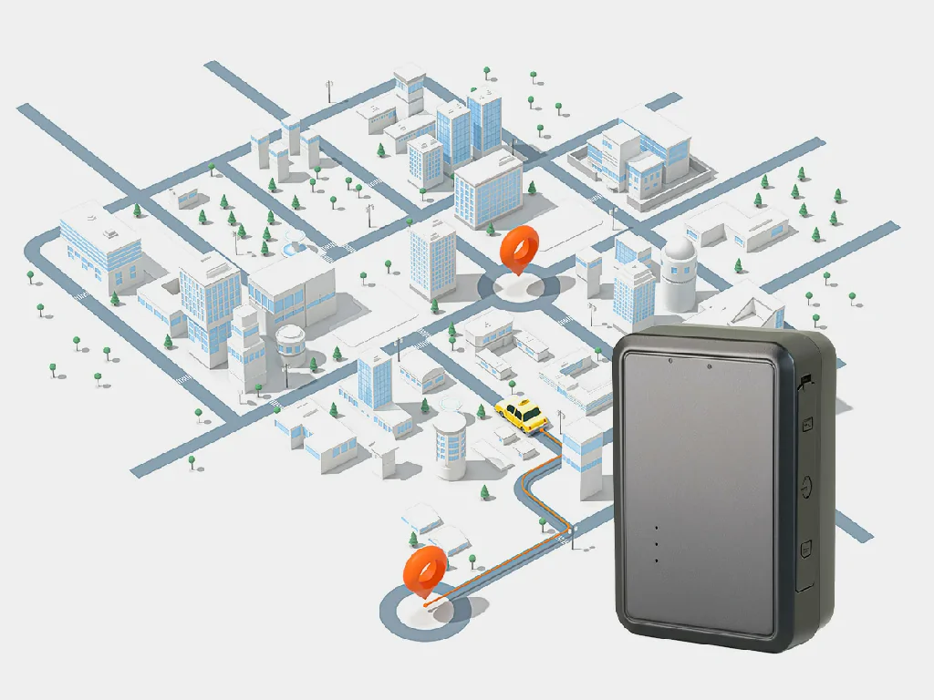 The GAT27 tracker shown alongside a city map, pinpointing a vehicle's route with high-precision accuracy.