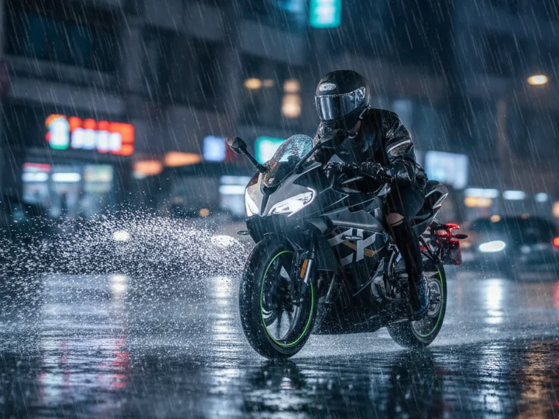 A motorcyclist riding in heavy rain, protected by the GDW2's IP67 waterproof dashcam.