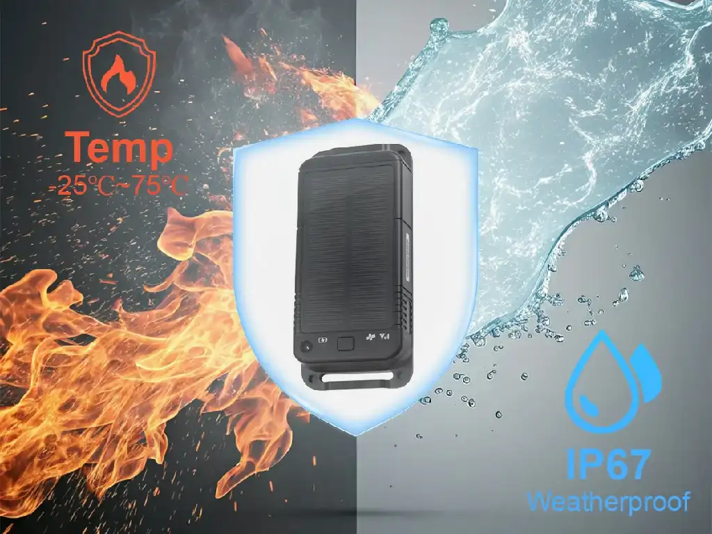 The GAT30 Solar tracker protected from fire and water, illustrating its IP67 weatherproof rating and wide temperature range.