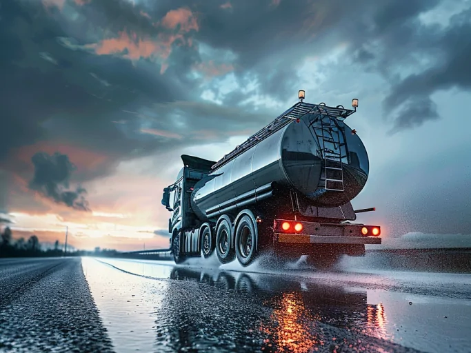 A tanker truck driving on a wet road in heavy rain, showcasing a harsh environment where the GAT25S thrives.