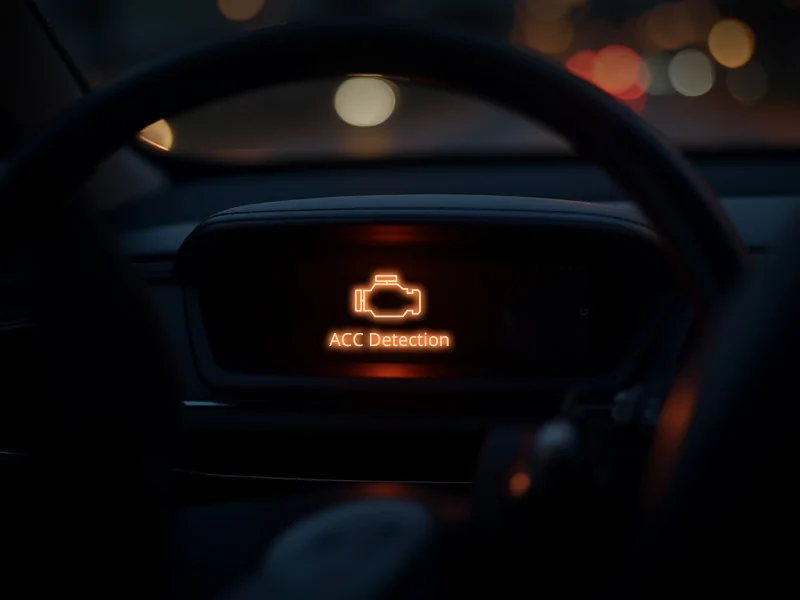 A close-up view of a car's dashboard at night, showing an illuminated orange warning light with an engine icon and the text "ACC Detection". TR05 Great Will