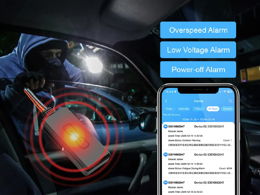 The GT903K tracker sending overspeed, low voltage, and power-off alarms to the Galagps app during a vehicle theft scenario.