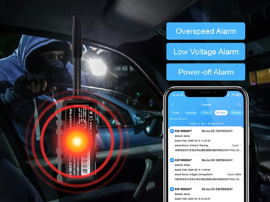 The GT851 tracker sending multiple security alerts like overspeed and power-off to the Galagps app during a vehicle theft.