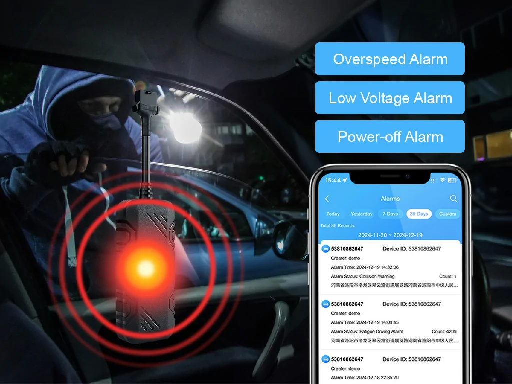 The GT20 tracker sending multiple security alerts, including power-off and overspeed, to the Galagps app during a vehicle theft