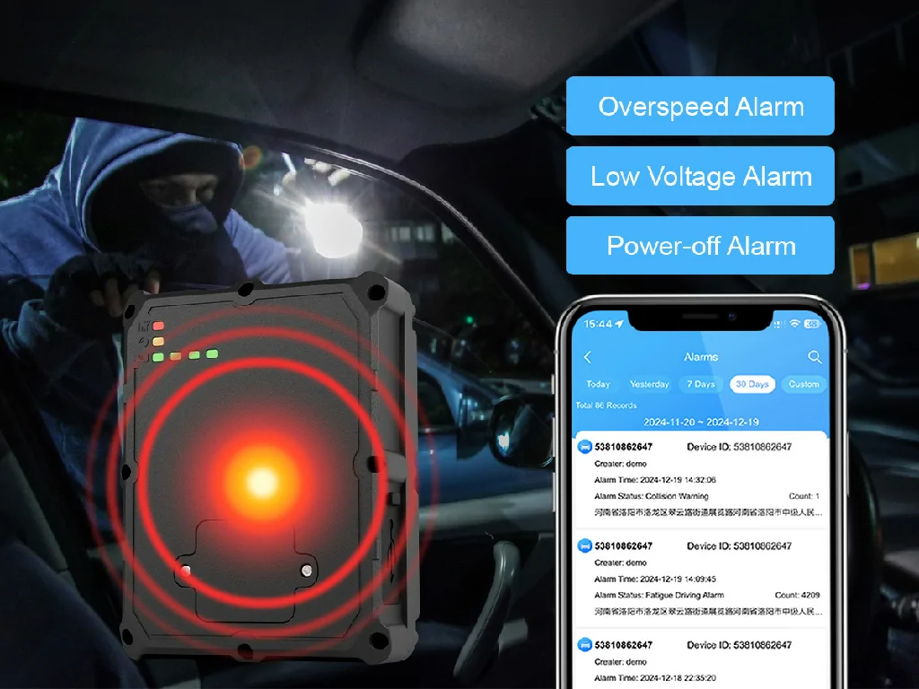 The GAT24 tracker sending multiple security alerts like overspeed and power-off to the Galagps app during a vehicle theft scenario.