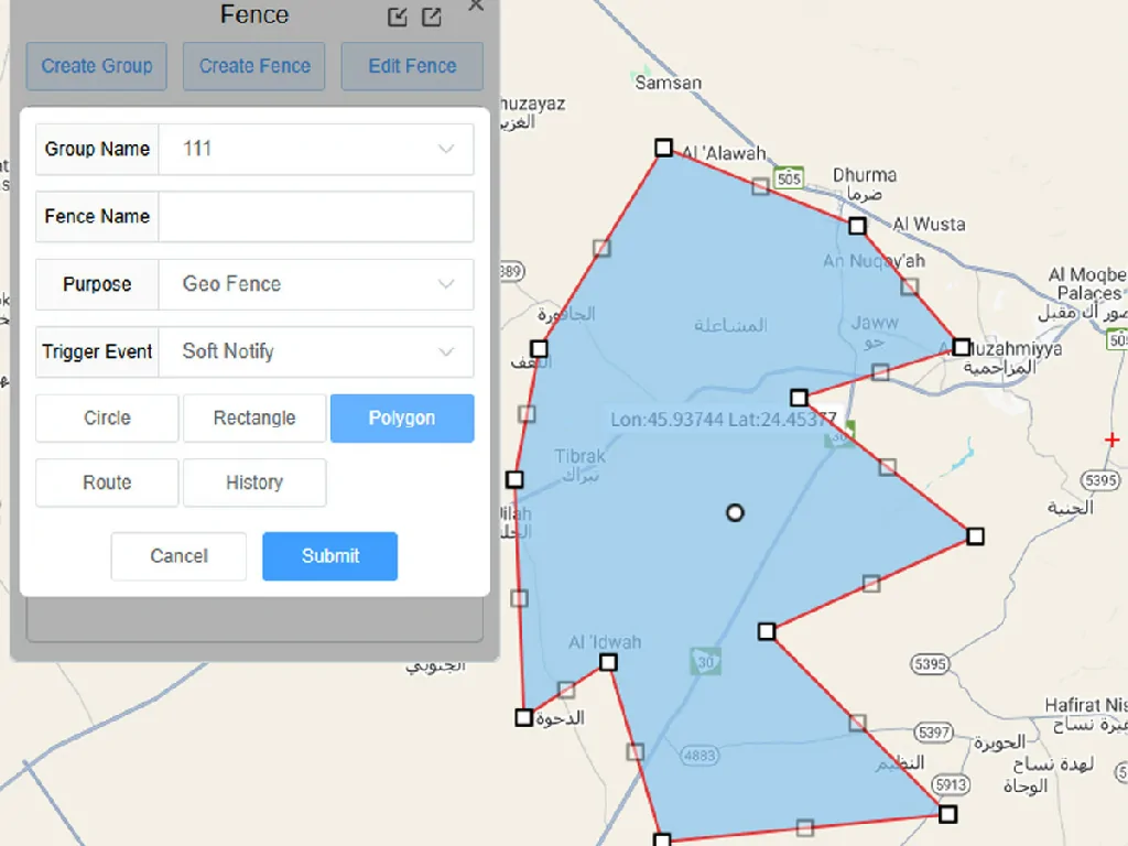 Creating a custom polygon geo-fence on the Galagps tracking platform to monitor a specific geographical area.