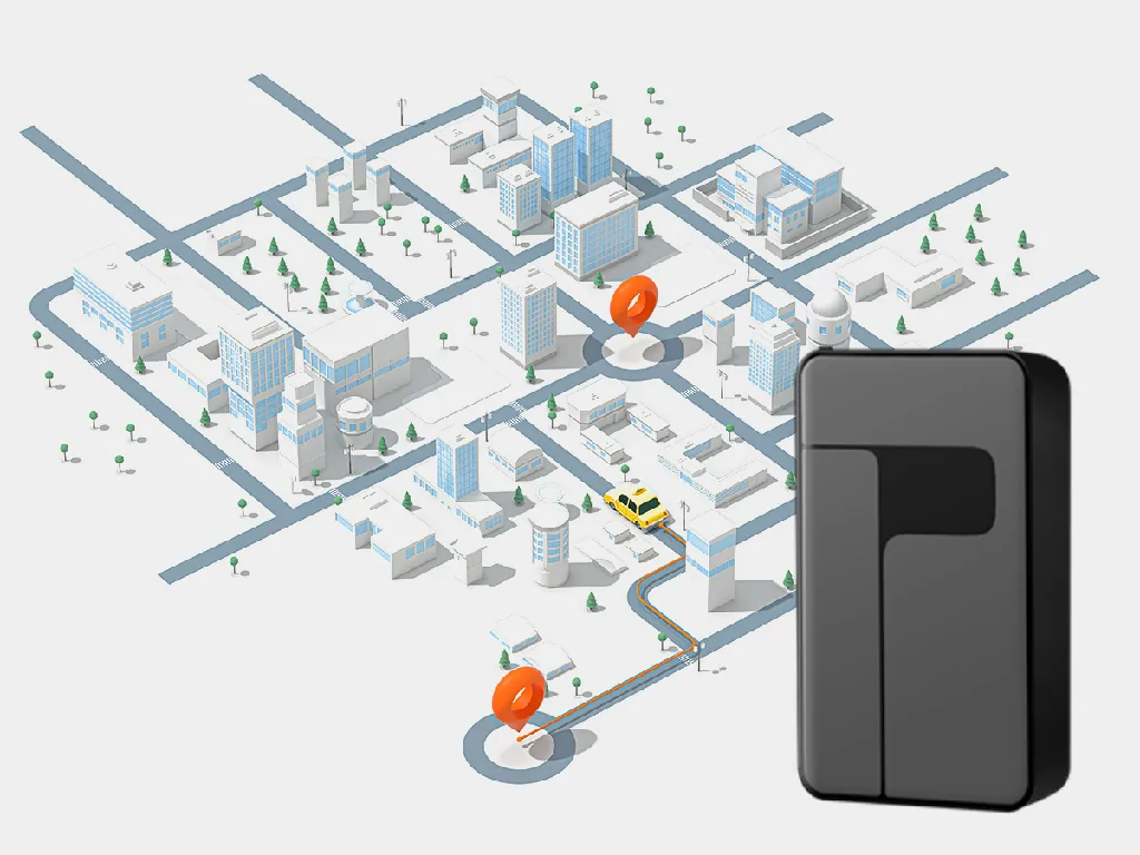 The GAT28 GPS tracker shown next to a city map, illustrating its high-accuracy, multi-mode positioning capabilities.