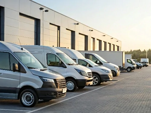 A fleet of diverse commercial vans and trucks parked at a logistics center, representing the target vehicles for Great Will's robust and integrated hardware, which is designed for seamless integration with the Galagps platform. TR40 Great Will