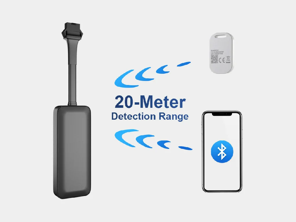 The GT21N tracker demonstrating its optional Bluetooth connectivity with a sensor and smartphone over a 20-meter range.