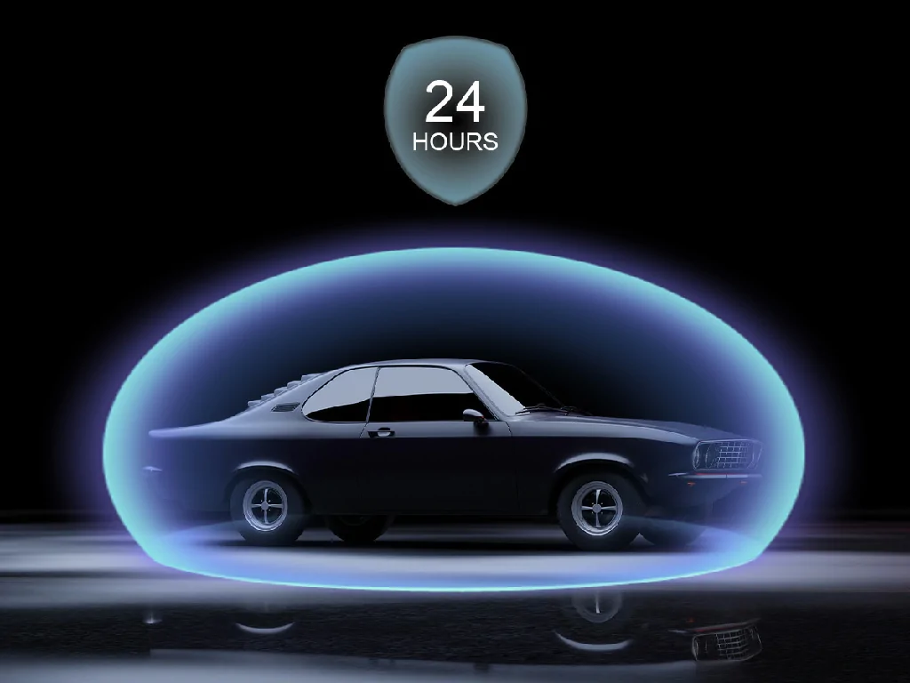 A car protected by a 24-hour digital shield, illustrating the GD08's round-the-clock parking monitoring feature.