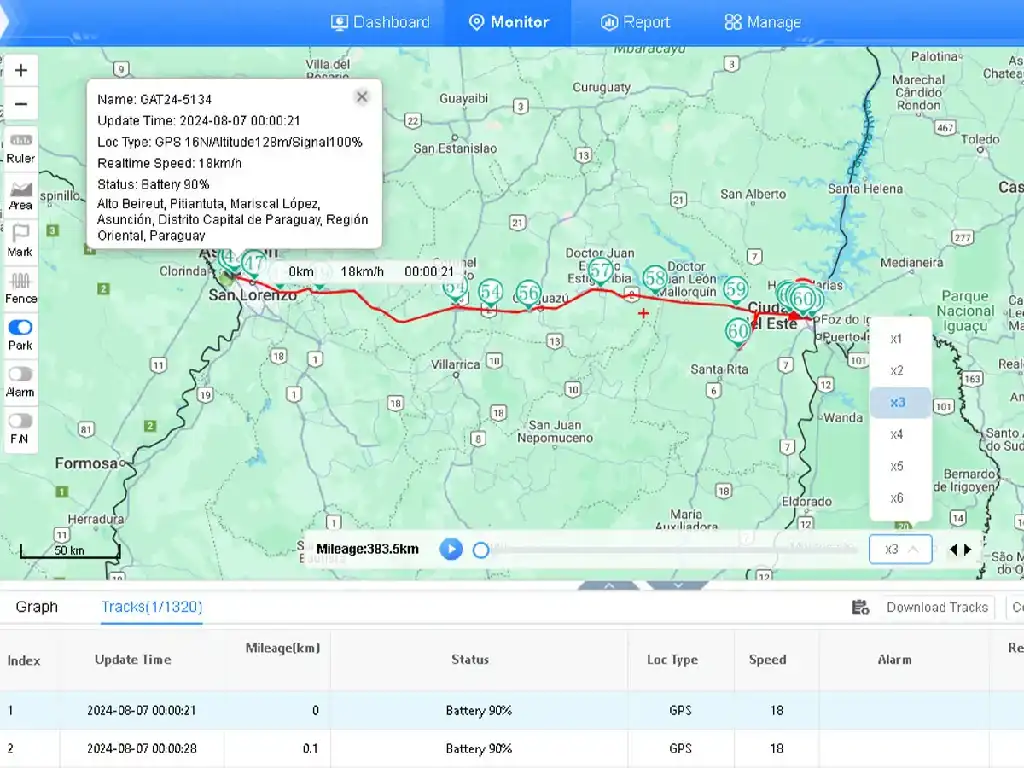 The Galagps platform showing a vehicle's precise route, tracked by the GDA19's dual-mode GPS and Beidou positioning.