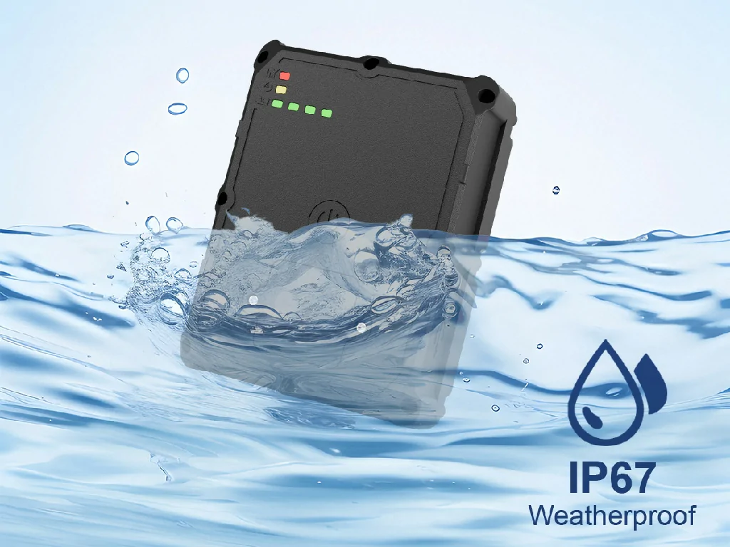 The rugged GAT24 GPS tracker submerged in water, demonstrating its IP67 weatherproof and dustproof rating.