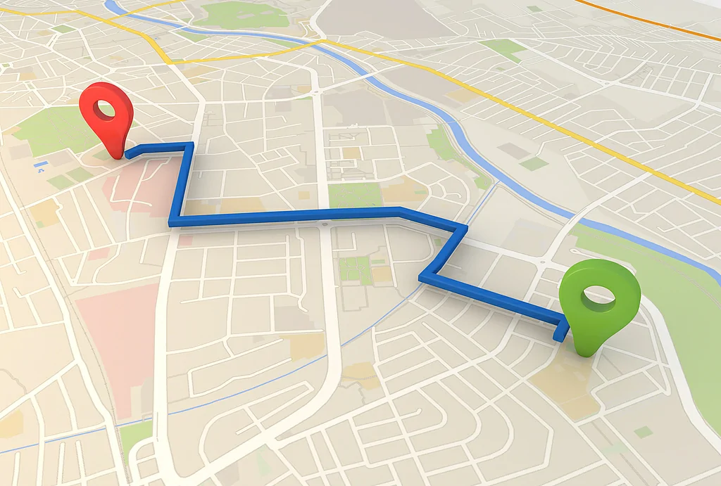 A city map showing a planned route marked by a blue line, connecting a red starting point pin to a green destination pin.