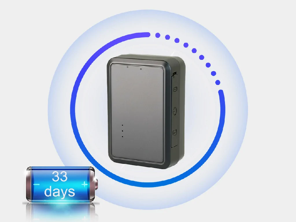 An illustration of the GAT27 tracker highlighting its rechargeable battery with up to 33 days of standby time.