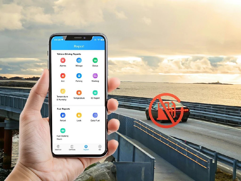 A hand holding a phone with the Galagps app, demonstrating the remote engine cut-off feature for anti-theft.