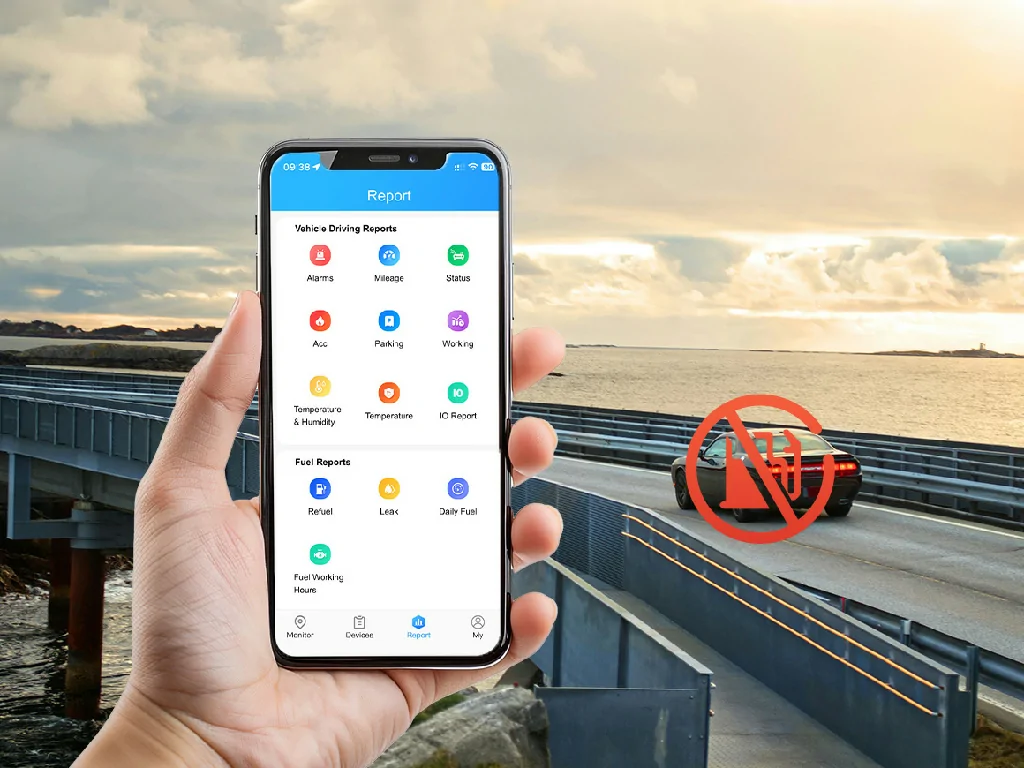 A hand holding a phone with the Galagps app, showing the remote engine cut-off feature to disable a vehicle