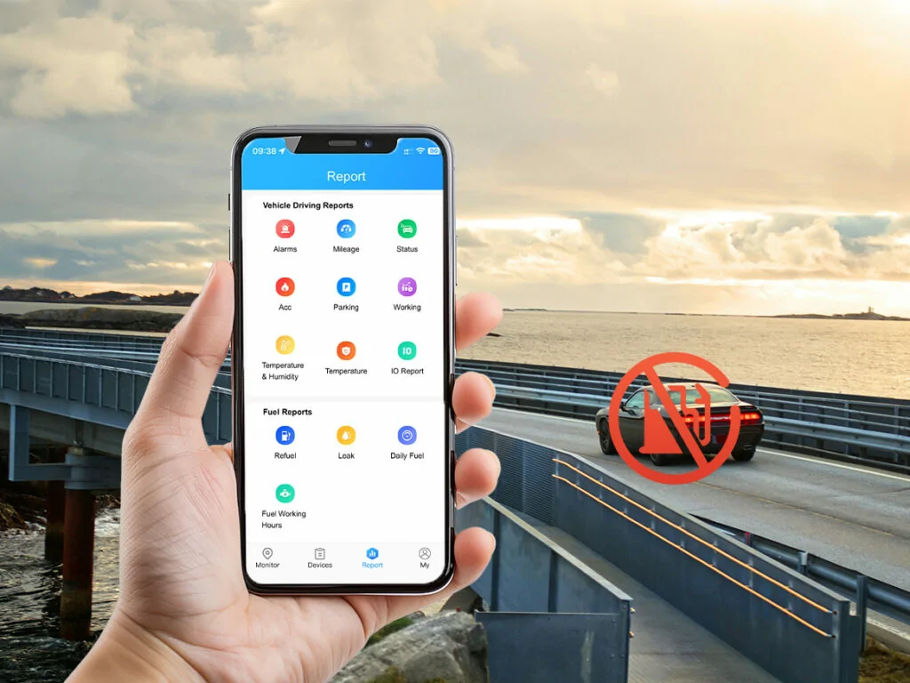 A hand holding a smartphone with the Galagps app, demonstrating the remote fuel cut-off feature to disable a vehicle.