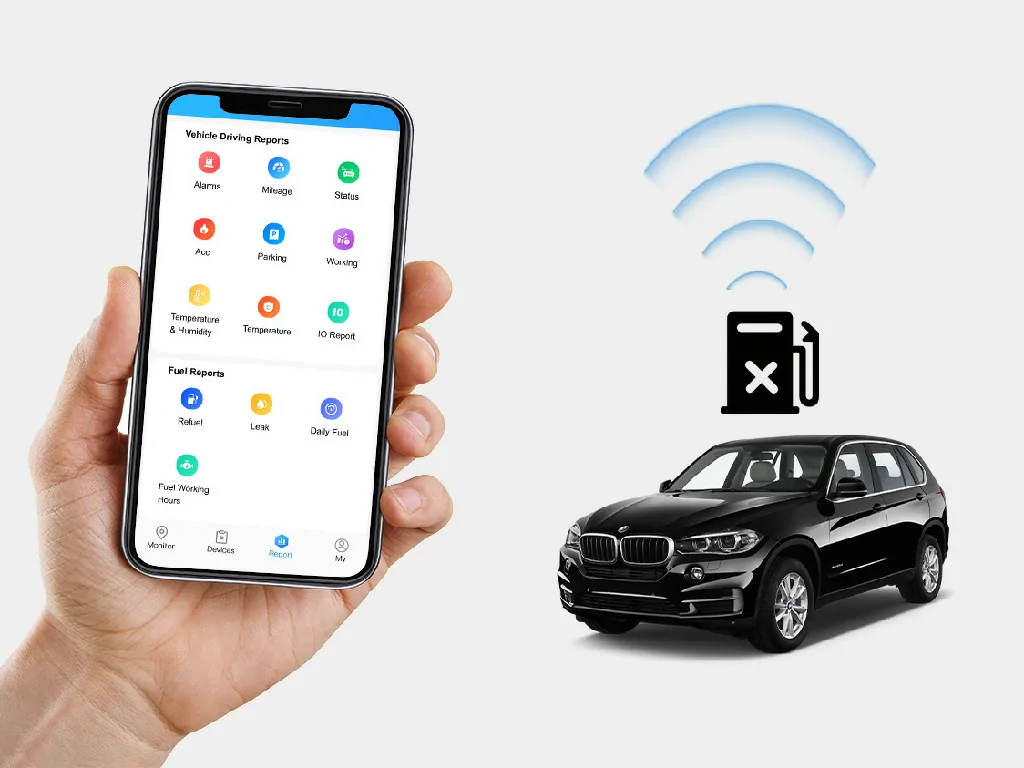 A hand holding a smartphone with the Galagps app, demonstrating the remote fuel cut-off feature for vehicle anti-theft