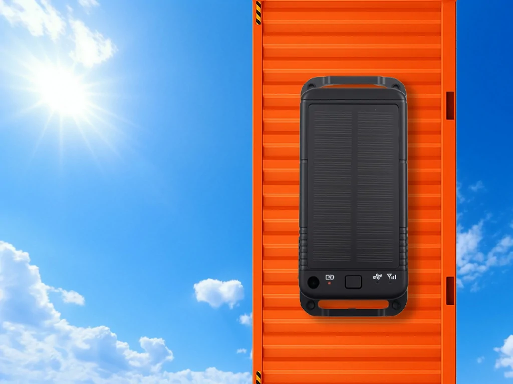 The GAT30 Solar asset tracker mounted on an orange shipping container, charging its battery with a built-in solar panel.