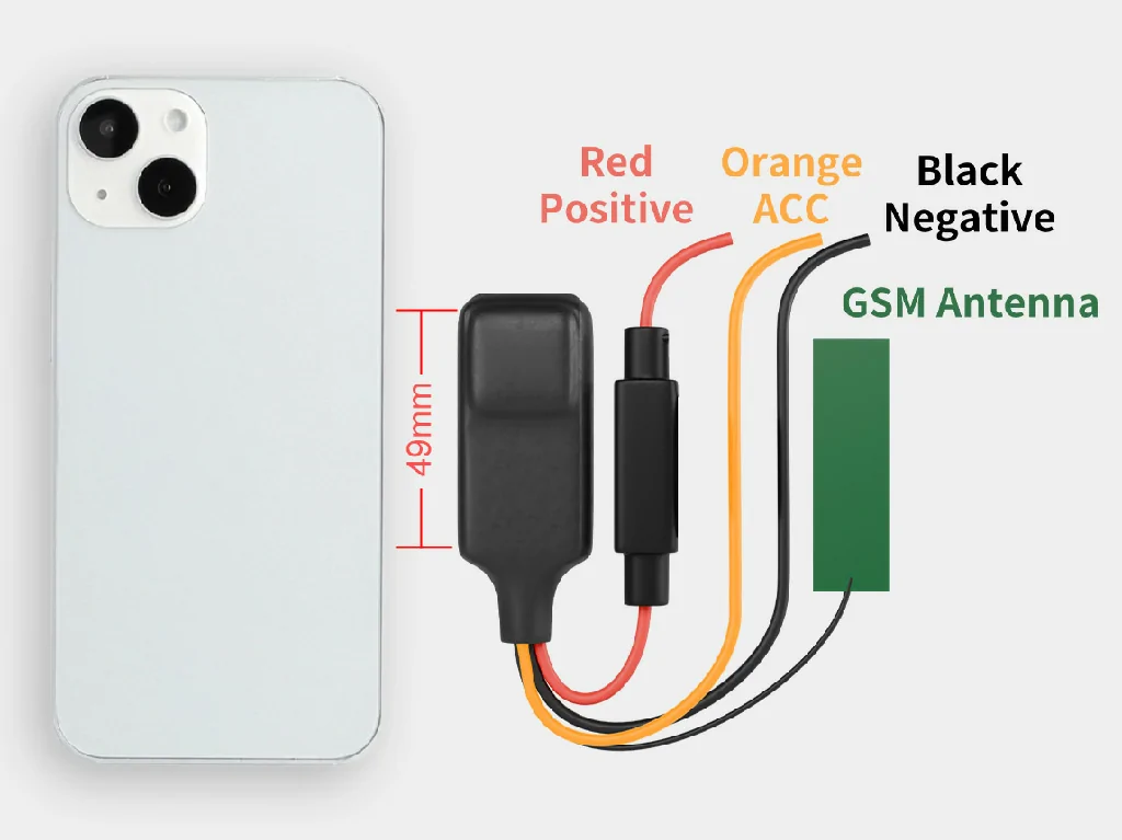 The compact 49mm GT40 tracker shown next to a smartphone with its simple wiring diagram for discreet installation