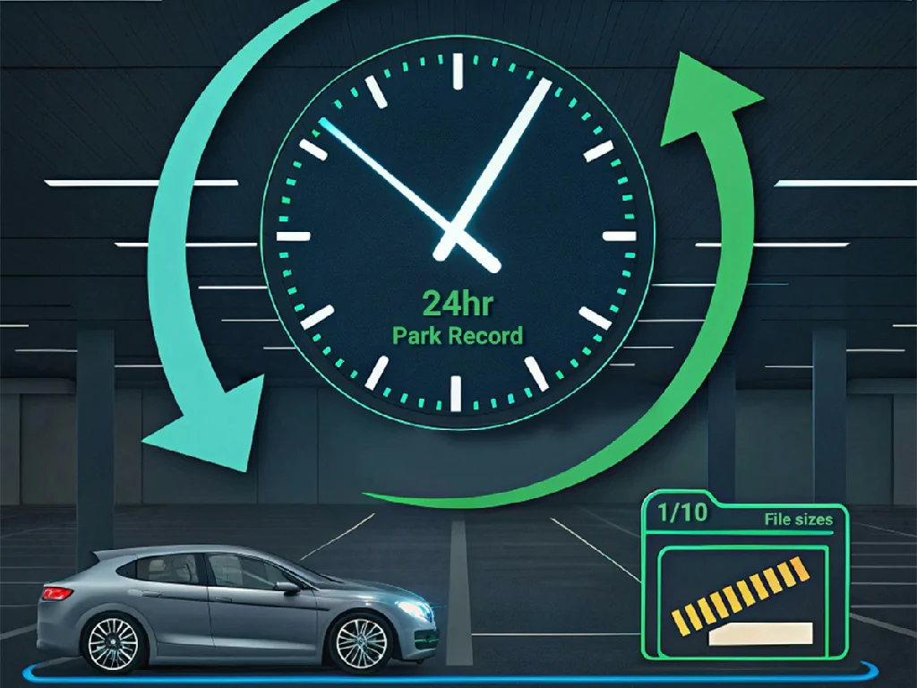 The GD08 dashcam providing 24-hour time-lapse parking recording, which saves significant storage space.