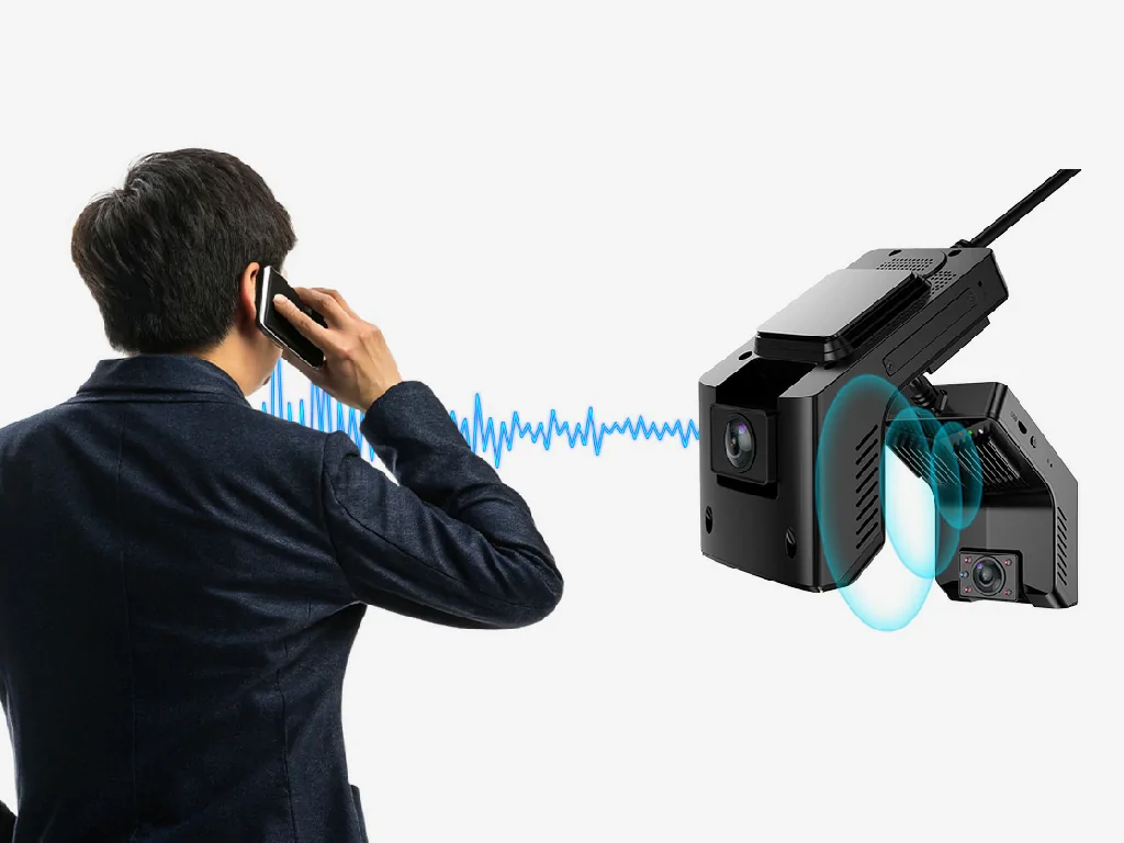 A person on a phone call with the GD02 dual-camera dashcam, illustrating the two-way voice talk feature.