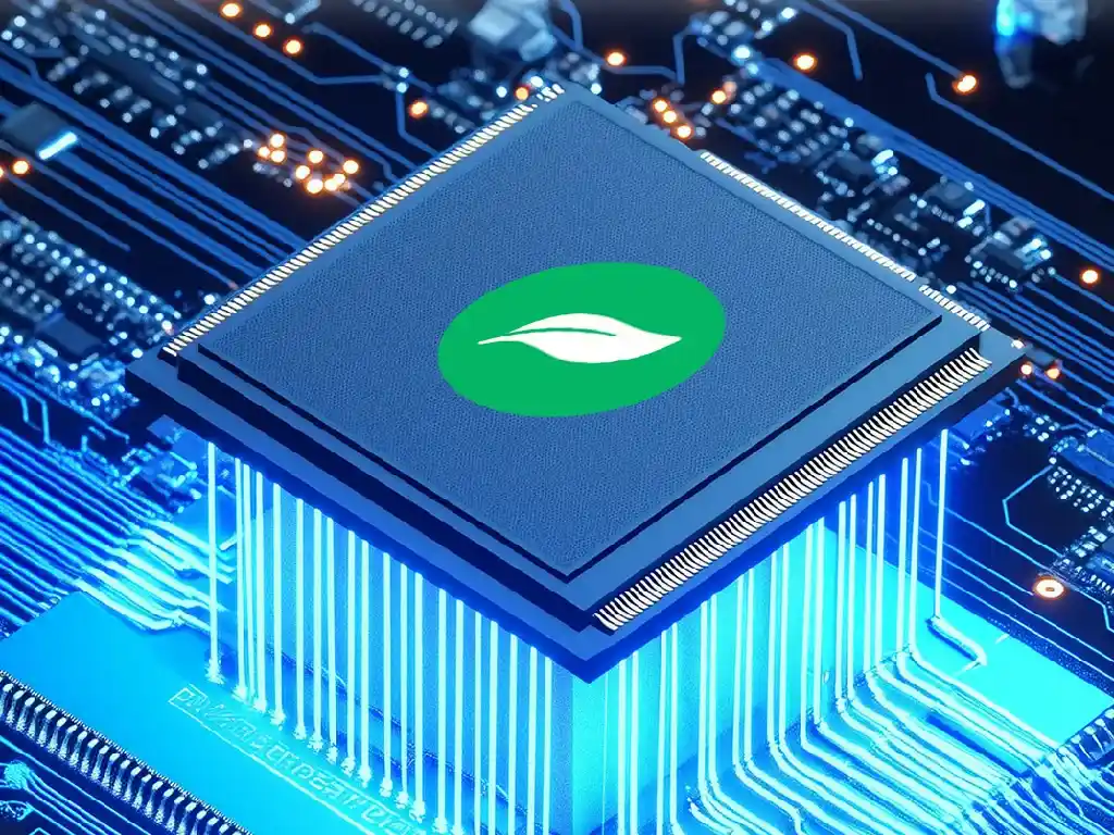 A high-tech chip with a green leaf, symbolizing the GD05's ultra-low power consumption for battery protection.