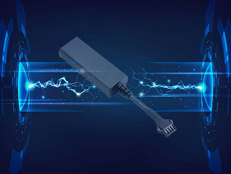 A small, black GPS tracker device with its wire and connector, shown against a futuristic blue background with glowing lines of digital energy. TR05 Great Will