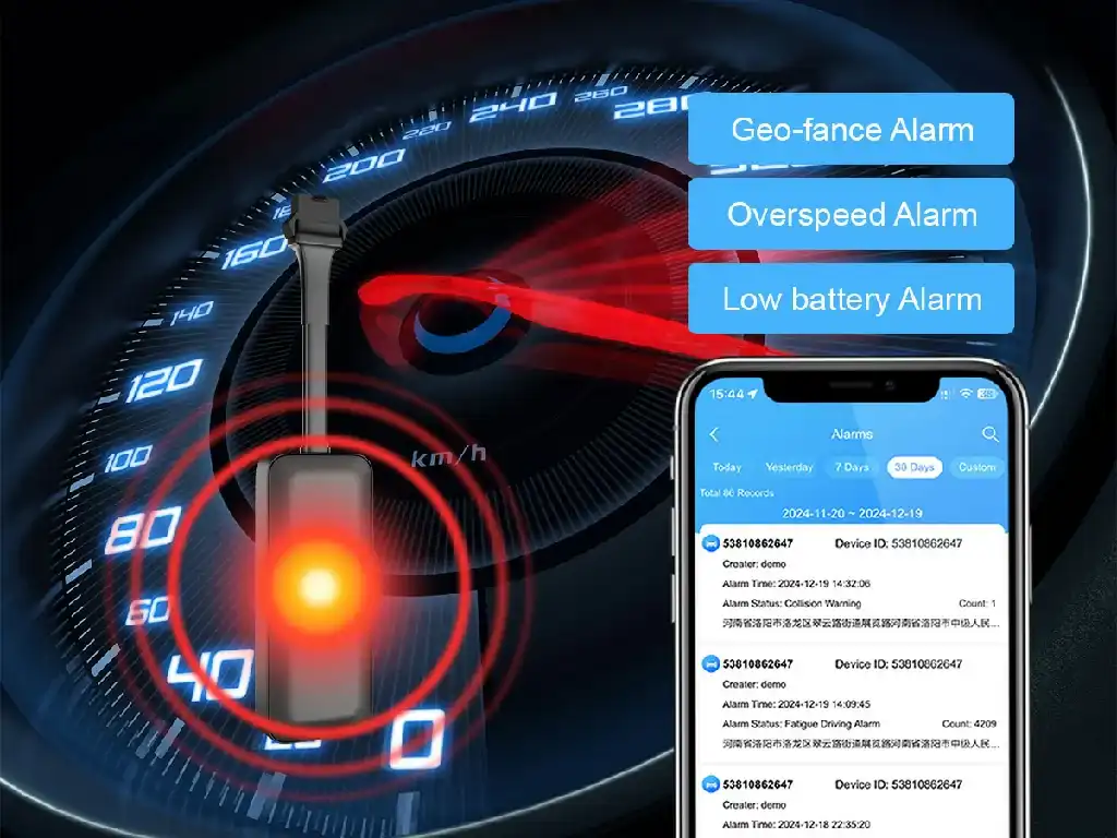 The GT22 tracker sending security alerts like geo-fence and overspeed to the Galagps app on a smartphone.