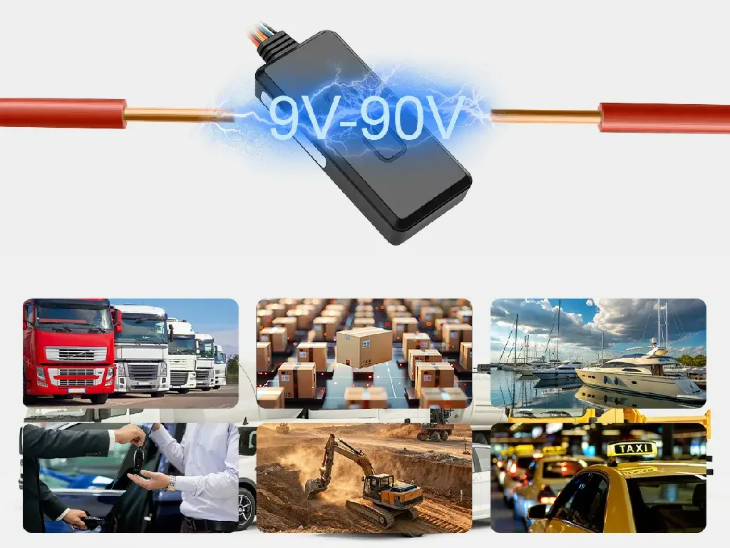 The GT903K GPS tracker with 9-90V wide voltage compatibility, suitable for various applications like trucks, assets, boats, and machinery.